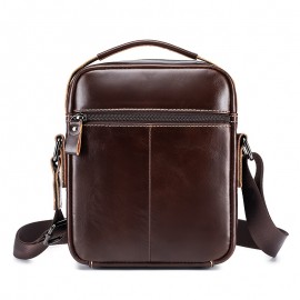 1pc Fashion Genuine Leather Men'S Crossbody Bag, Adjustable Shoulder Strap, Multi-Compartment Satchel with Top Handle, Zipper Closure, Non-Washable, for Outings - Dark Brown