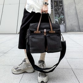Large Capacity Canvas Multi Pockets Retro Casual Flip Handheld Bag, Fashionable Men's One Shoulder Tote Bag & Durable Backpack for Short-term Travel and Camping