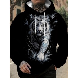 Men'S Plus-Size Hoodie with 3D Print Black Background And White Tiger Totem Design, a Trendy Streetwear Piece Featuring a Unique Animal Pattern, Plus Size