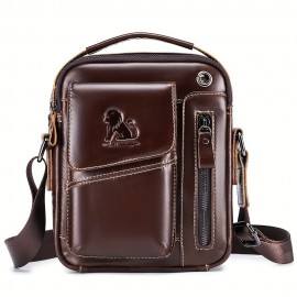 1pc Fashion Genuine Leather Men'S Crossbody Bag, Adjustable Shoulder Strap, Multi-Compartment Satchel with Top Handle, Zipper Closure, Non-Washable, for Outings - Dark Brown